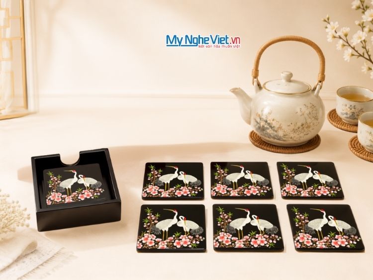 Đế Lót Ly Sơn Mài Vẽ Tay Cò Trắng Vườn Đào DLL10-11