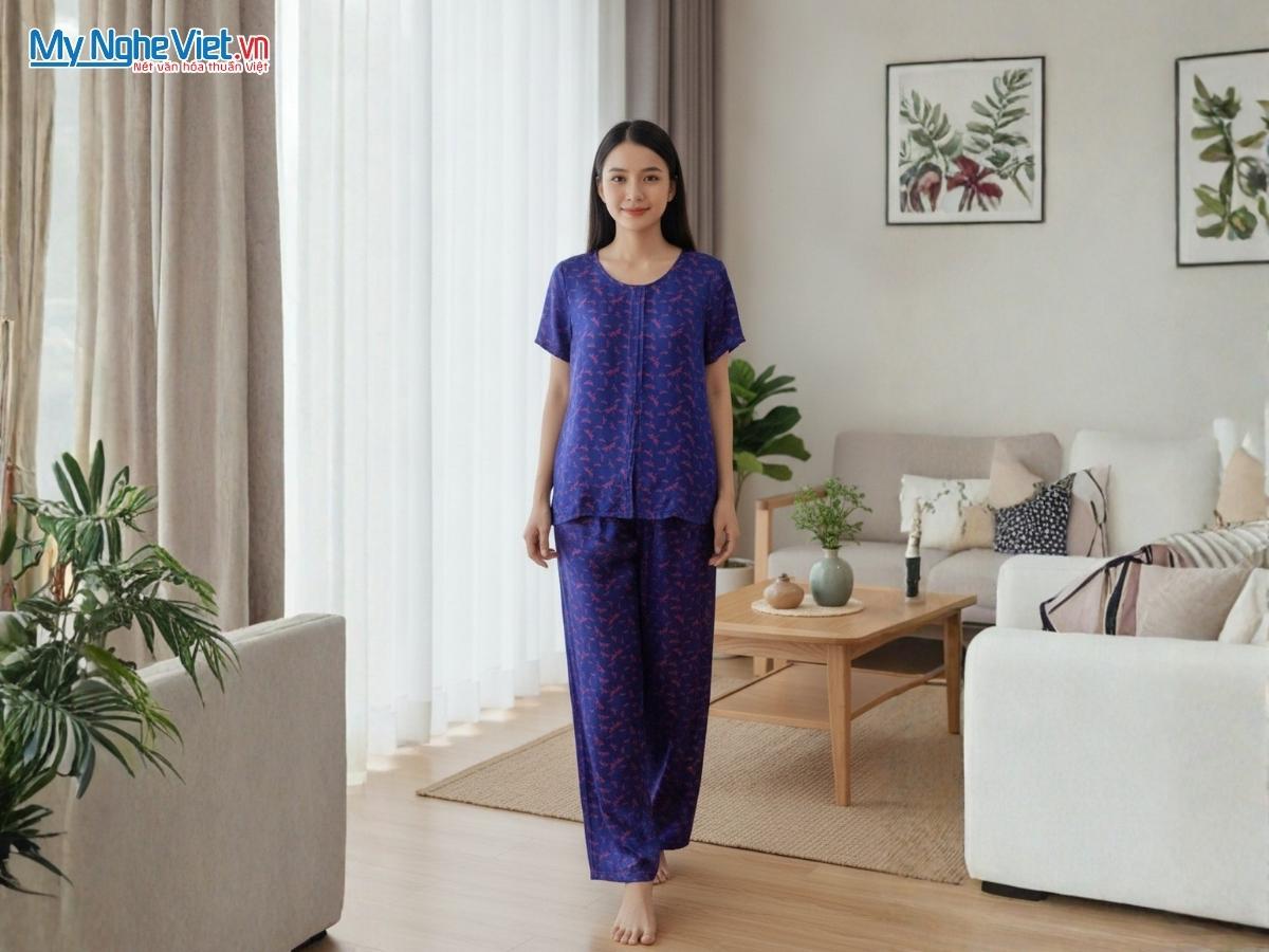Đồ Bộ Lụa Tơ Tằm Họa Tiết Chuồn Chuồn MNV-LTA20-1