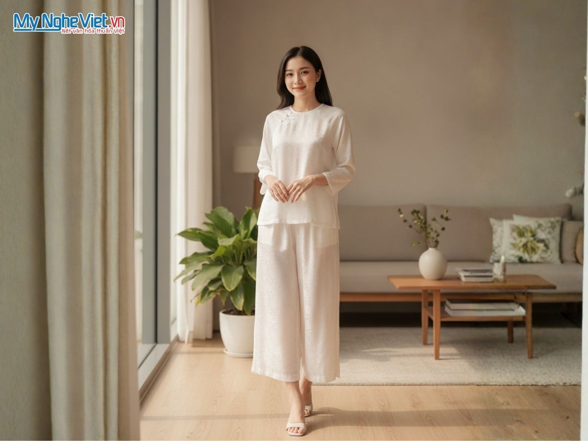 Đồ Bộ Lụa Tơ Tằm Họa Tiết Trống Đồng ALMS2/5
