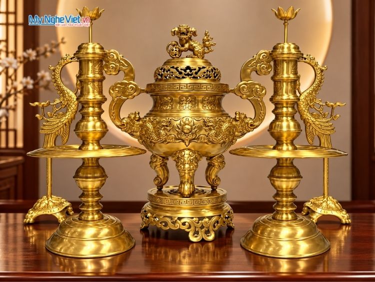 Bộ Lư (Đỉnh) Đồng Cát Tút Ngũ Sự - Bộ Thờ Cúng MNV-DD18/