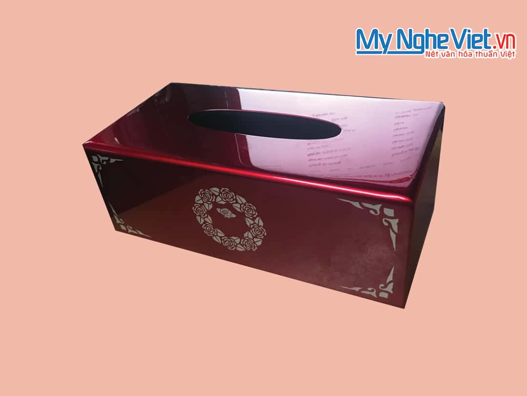 Hộp khăn giấy sơn mài chữ nhật vẽ hoa đỏ đô MNV-HKG30/đỏ đô 