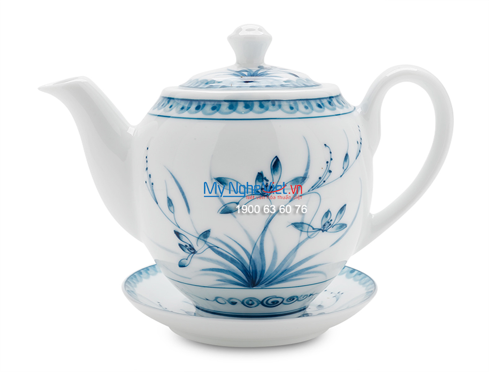 Bộ bình trà men trắng vẽ hoa xanh lam MNV-TS473 (HÀNG ĐẶT)