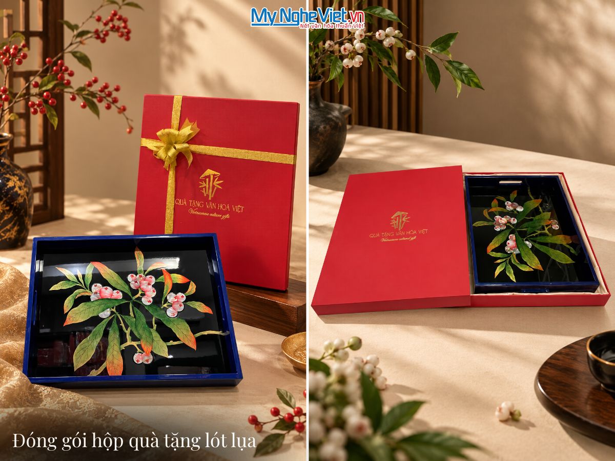 Khay Sơn Mài Vẽ Cò Đào Nền Đen Cao Cấp KSMHD2939.2
