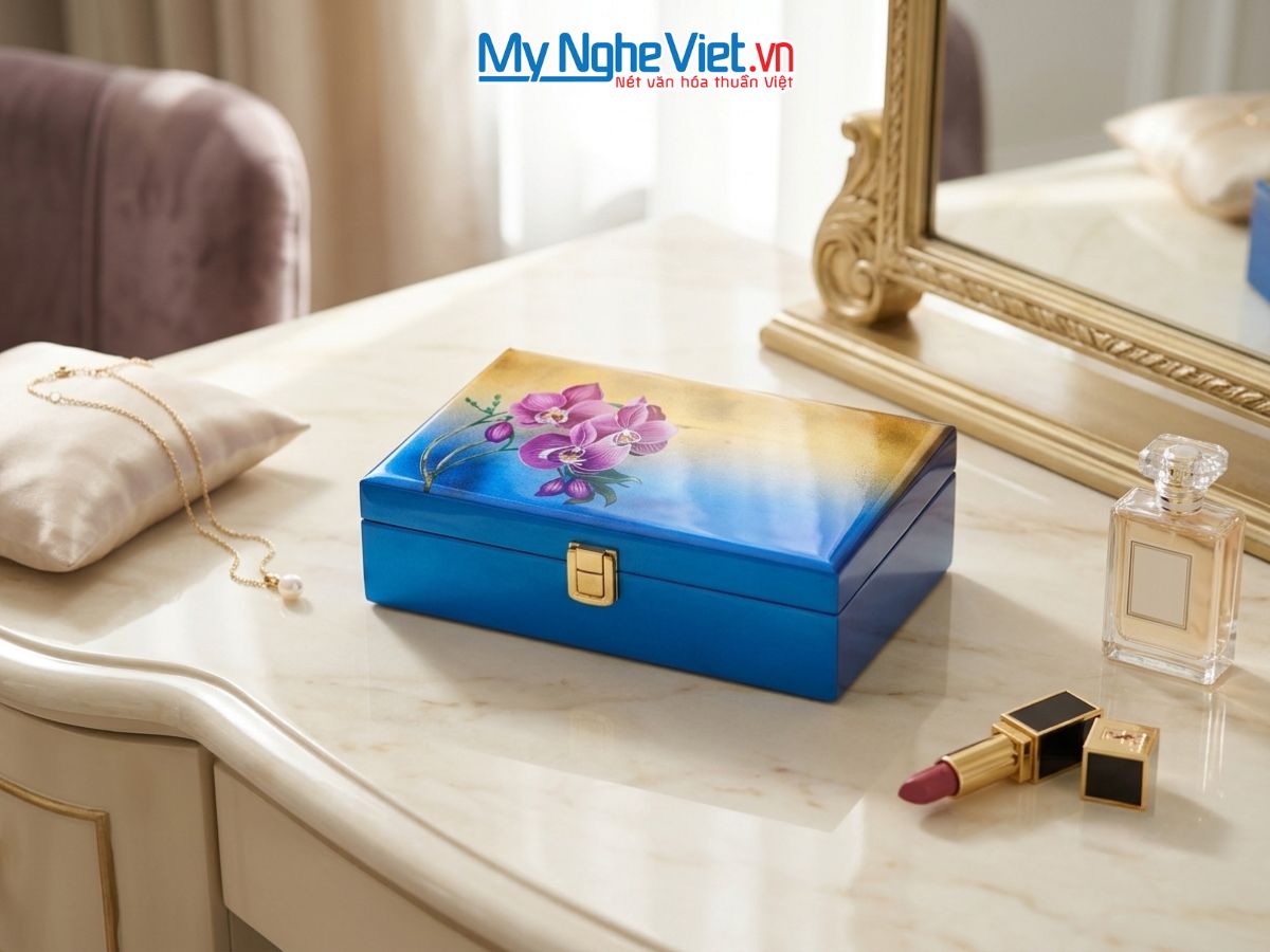 Hộp Trang Sức Sơn Mài Cao Cấp Vẽ Tay Hoa Lan 15x25cm HSMDH1424-07