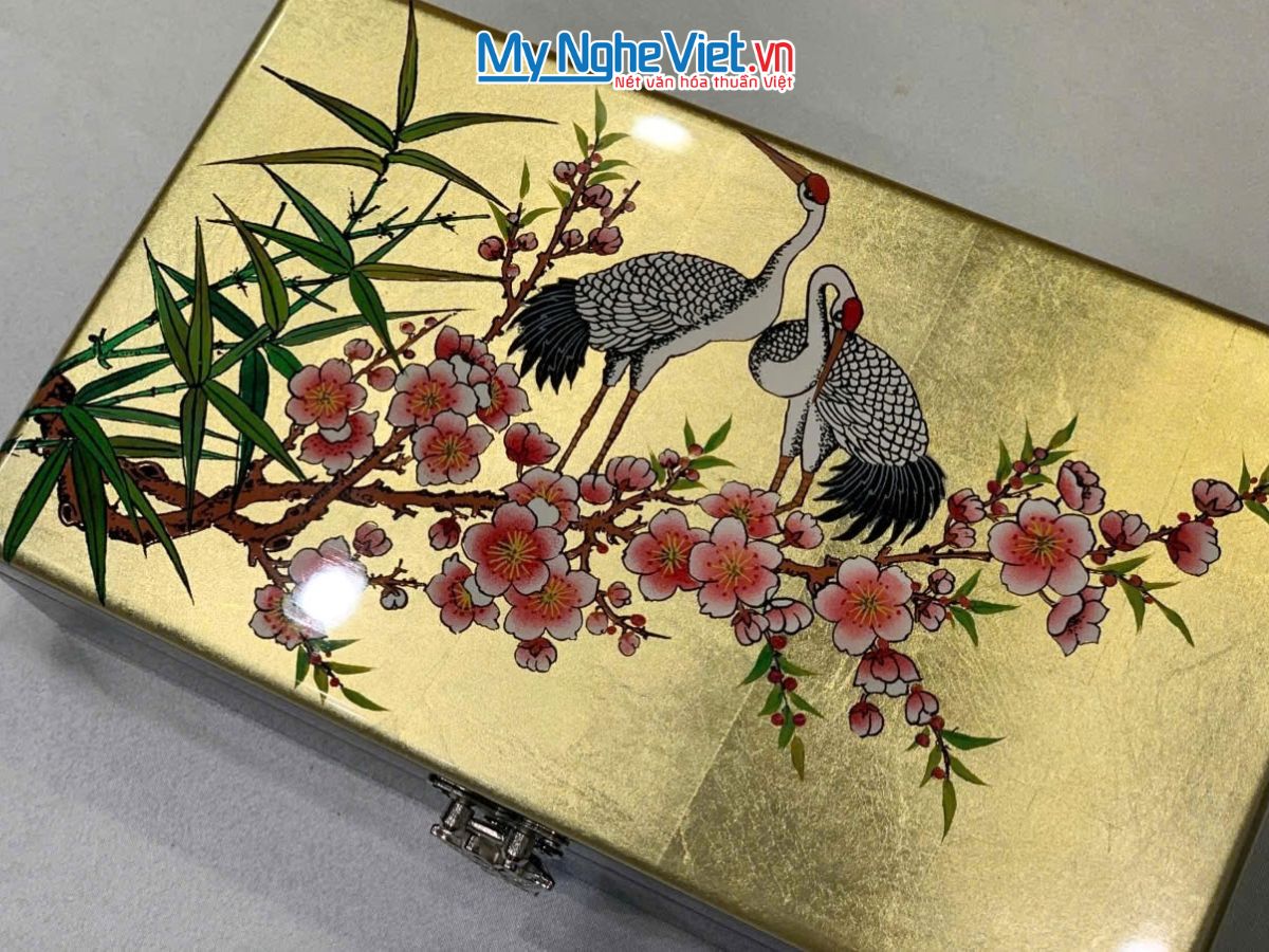 Hộp Trang Sức Sơn Mài Vẽ Cò Đào Nền Vàng MNV-MNV-SMHD14241-3
