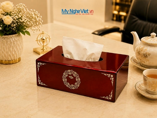 Hộp khăn giấy sơn mài chữ nhật vẽ hoa đỏ đô MNV-HKG30/đỏ đô 
