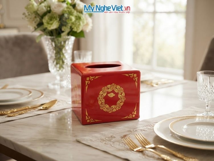 Hộp Khăn Giấy Sơn Mài Vẽ Hoa Màu Đỏ Tươi MNV-HKG31/đỏ tươi