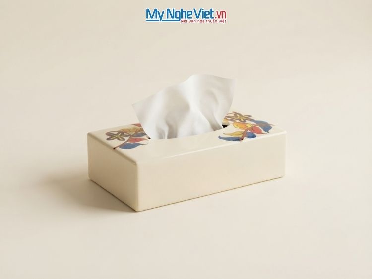 Hộp Khăn Giấy Sơn Mài Màu Kem Họa Tiết Hoa MNV-HKGHD01