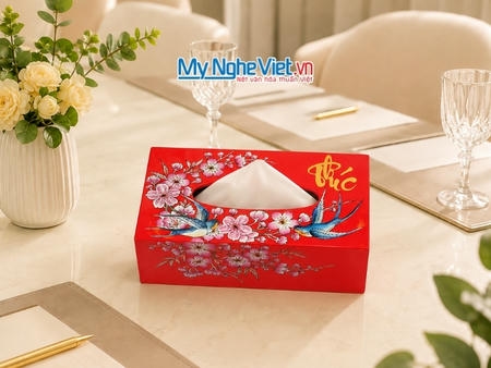 Hộp Khăn Giấy Sơn Mài Én Xuân Đắp Bạc Nền Đỏ MNV-HKGHD003-1