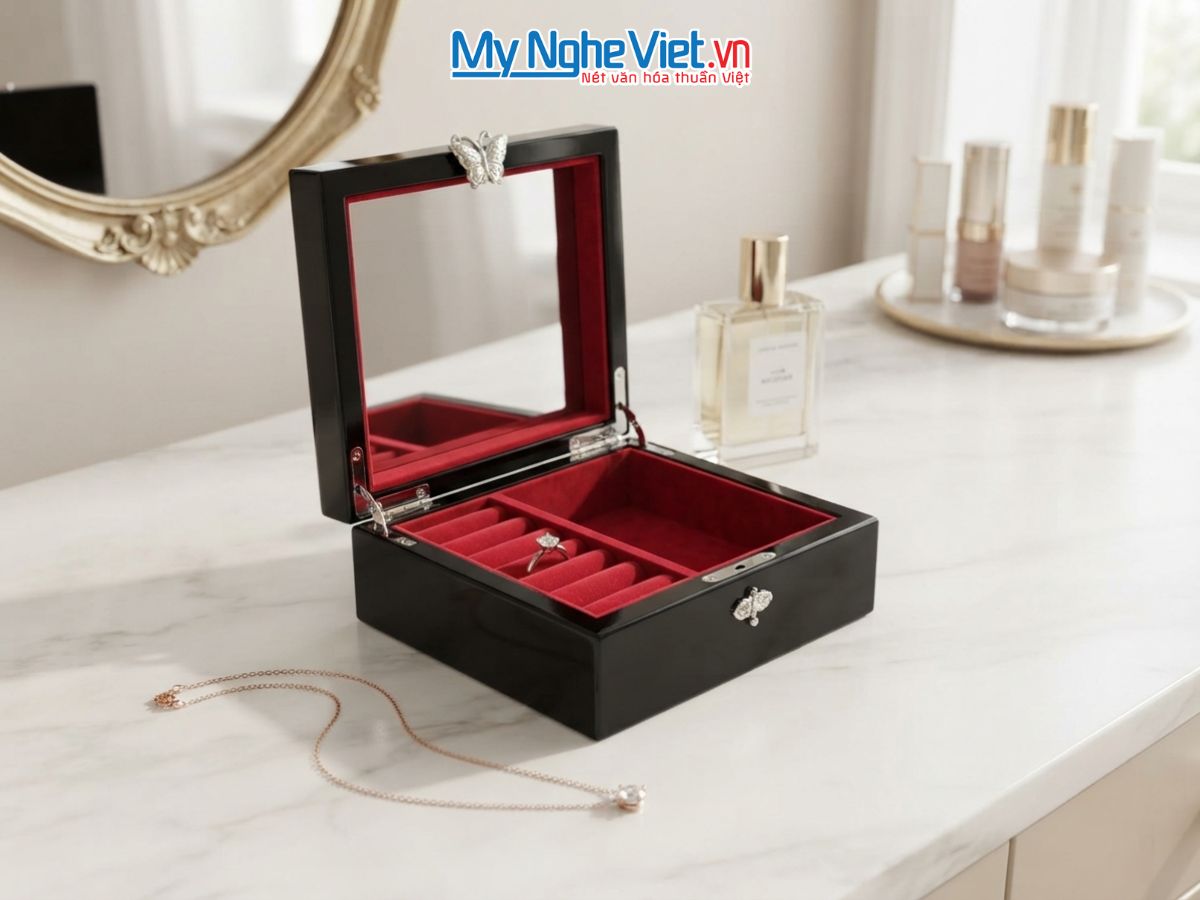 Hộp Sơn Mài Vẽ Cò Đào Nền Đen HSMHD13-4