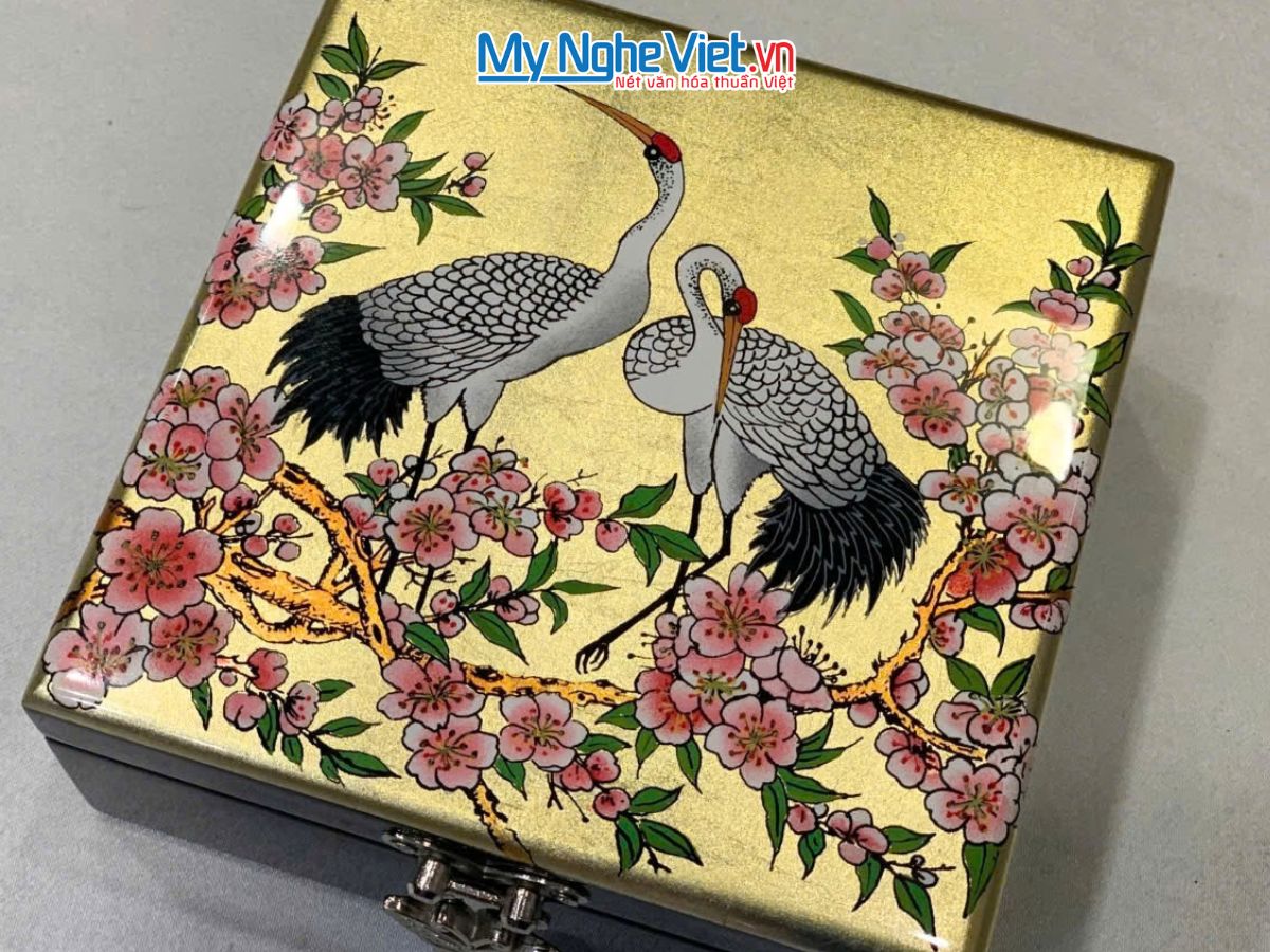 Hộp Sơn Mài Vẽ Cò Đào Nền Vàng HSMHD13-5