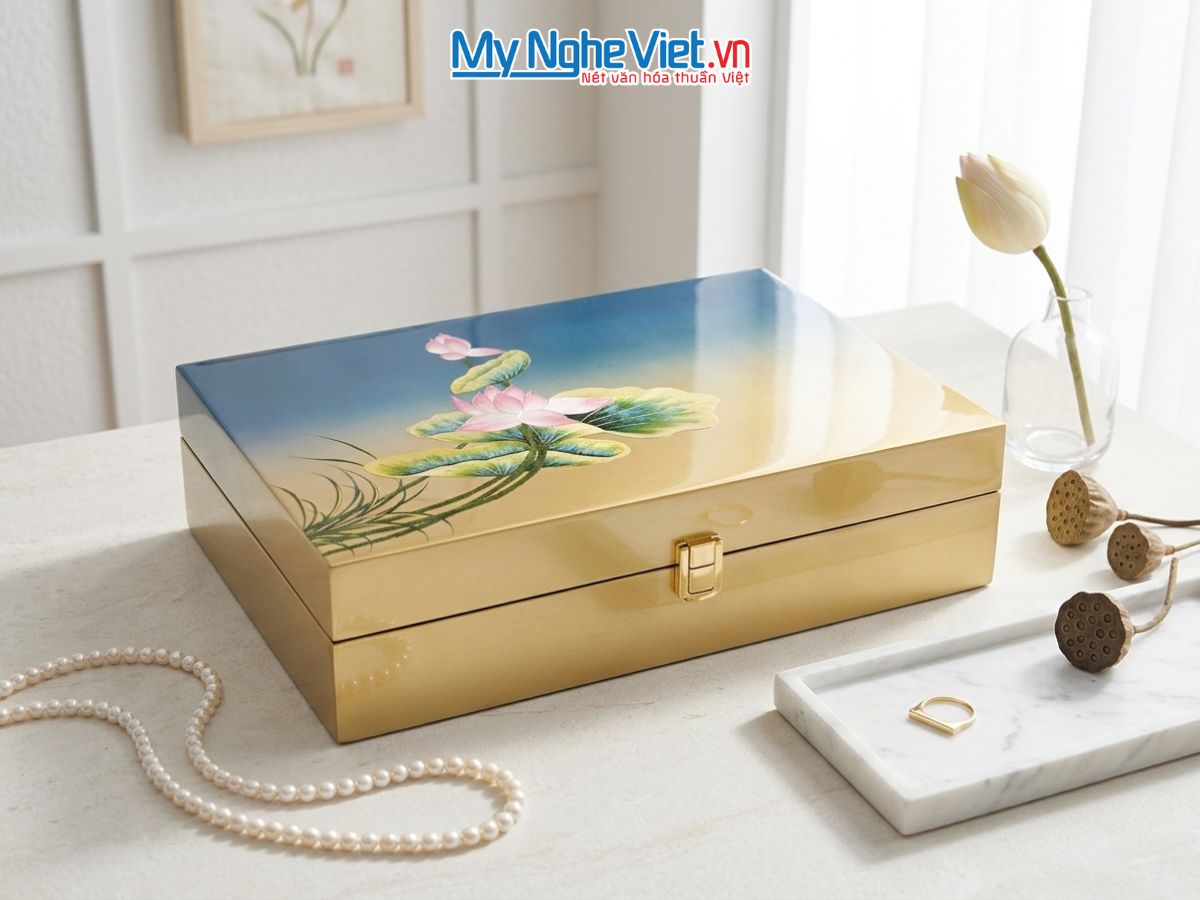Hộp Sơn Mài Hoa Sen Đắp Nổi Cao Cấp 38x25x10cm HSMDH3825/1