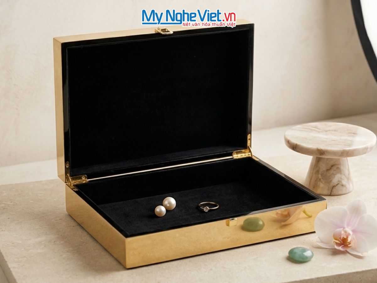 Hộp Sơn Mài Hoa Sen Đắp Nổi Cao Cấp 38x25x10cm HSMDH3825/1