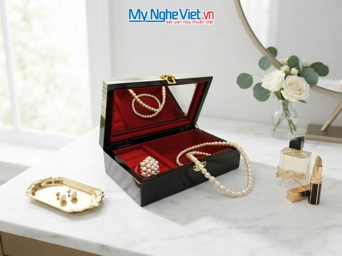 Hộp Trang Sức Sơn Mài Vẽ Đồng Quê Đen Trắng HTS79/1