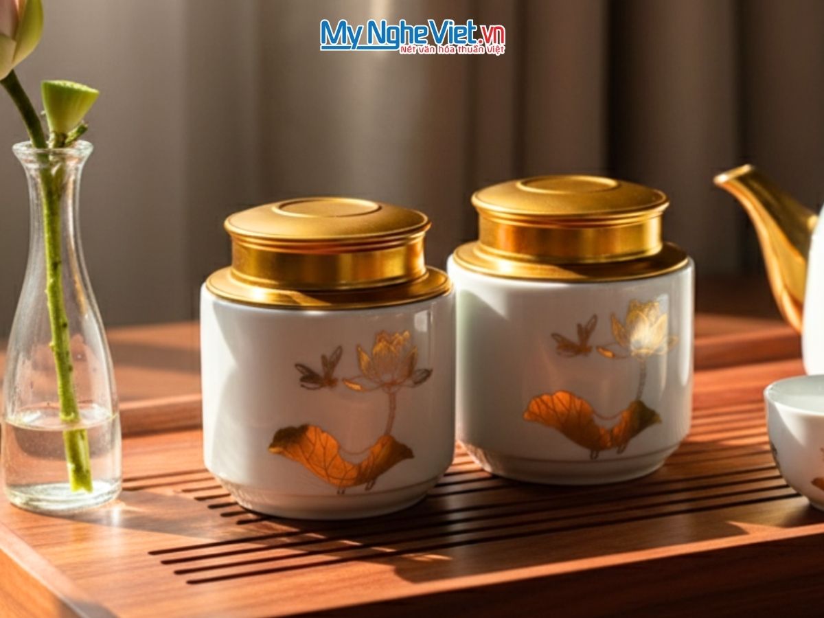 Hũ Đựng Trà Men Trắng Vẽ Hoa Sen Vàng Kim HTML150-1