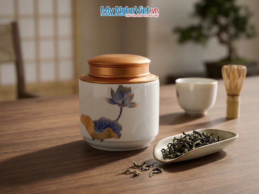 Hũ Đựng Trà Men Trắng Vẽ Hoa Sen Xanh HTML150-1/1