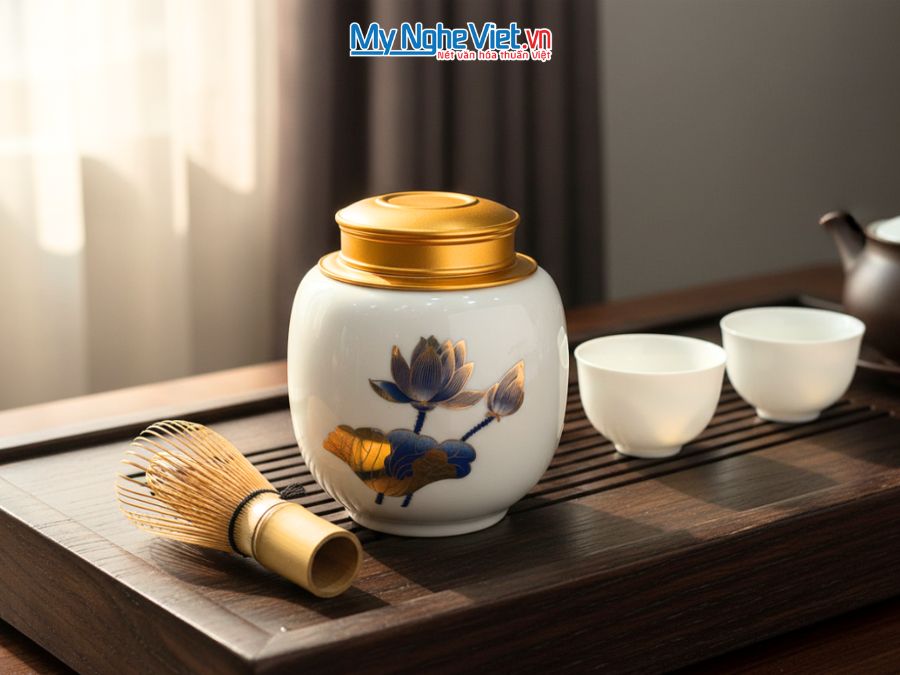 Hũ Đựng Trà Men Trắng Vẽ Hoa Sen Xanh HT001-1