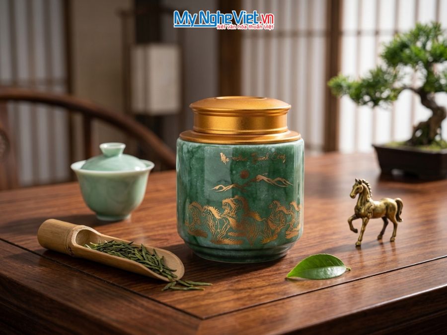 Hũ Đựng Trà Men Vân Đá Vẽ Mã Đáo Thành Công HTML150.1