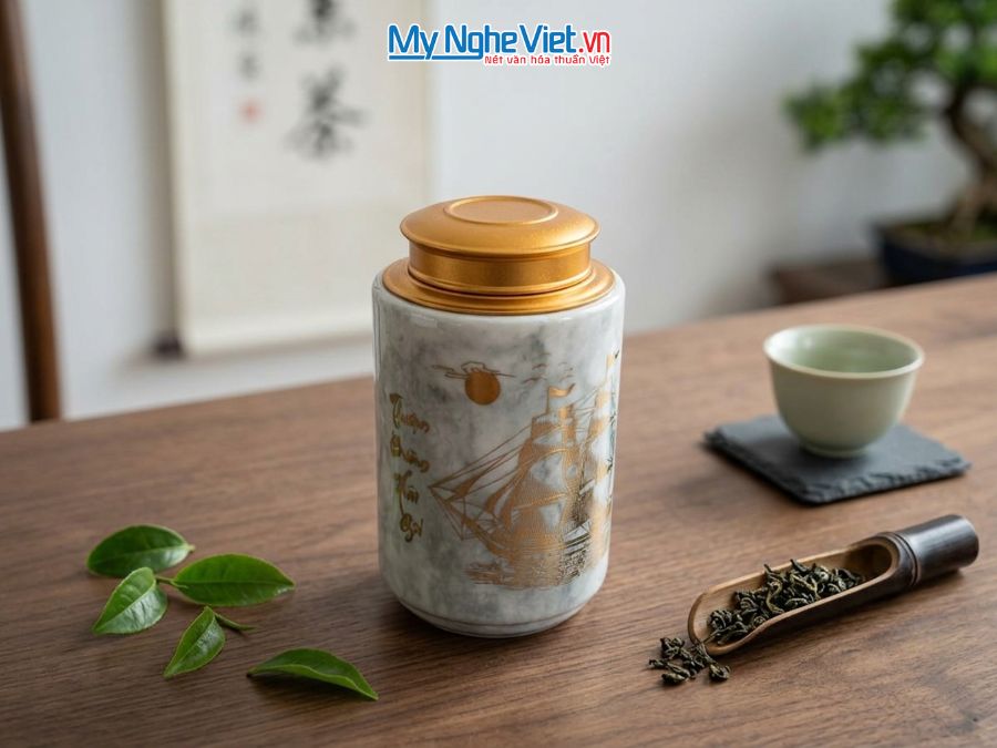 Hũ Đựng Trà Men Vân Đá Vẽ Thuận Buồm Xuôi Gió MNV-HTML200-11