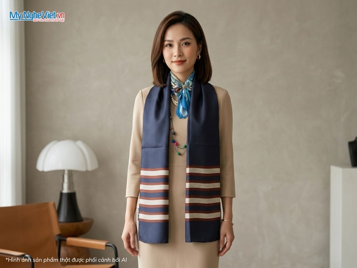 Khăn Choàng Lụa Nam Tằm Xe Màu Xanh Than 38x180cm KLLS3817-2.1