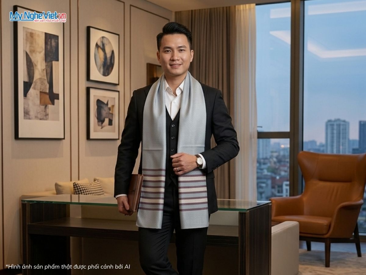 Khăn Choàng Lụa Nam Tằm Xe Màu Xám 38x180cm KLLS3817-7