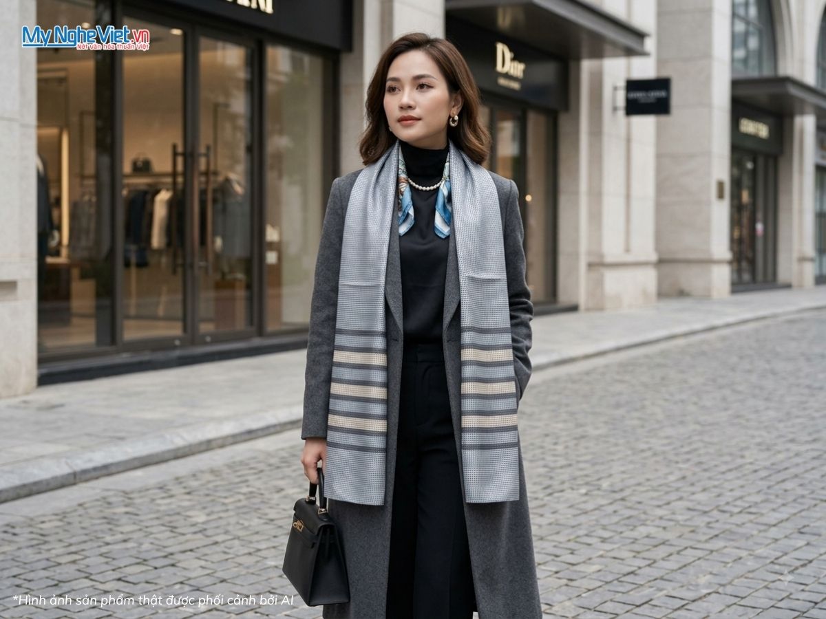Khăn Choàng Lụa Nam Tằm Xe Màu Xám 38x180cm KLLS3817-7