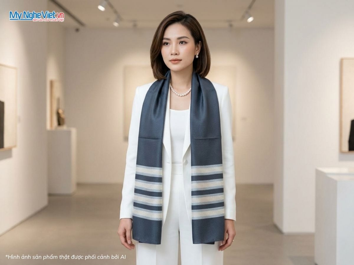Khăn Choàng Lụa Nam Tằm Xe Màu Xanh Xám 38x180cm KLLS3817-6