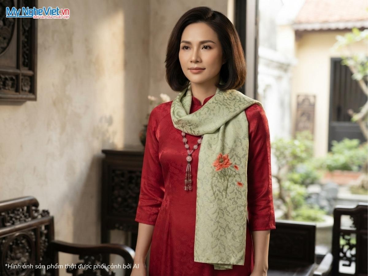 Khăn Lụa Tơ Tằm Thêu Tay Màu Xanh Cốm 45x180cm MNV-LNL45180.13