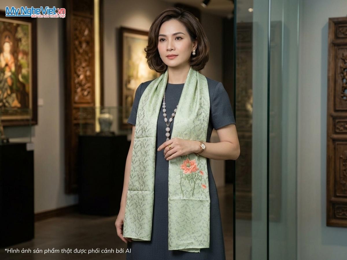 Khăn Lụa Tơ Tằm Thêu Tay Màu Xanh Cốm 45x180cm MNV-LNL45180.13