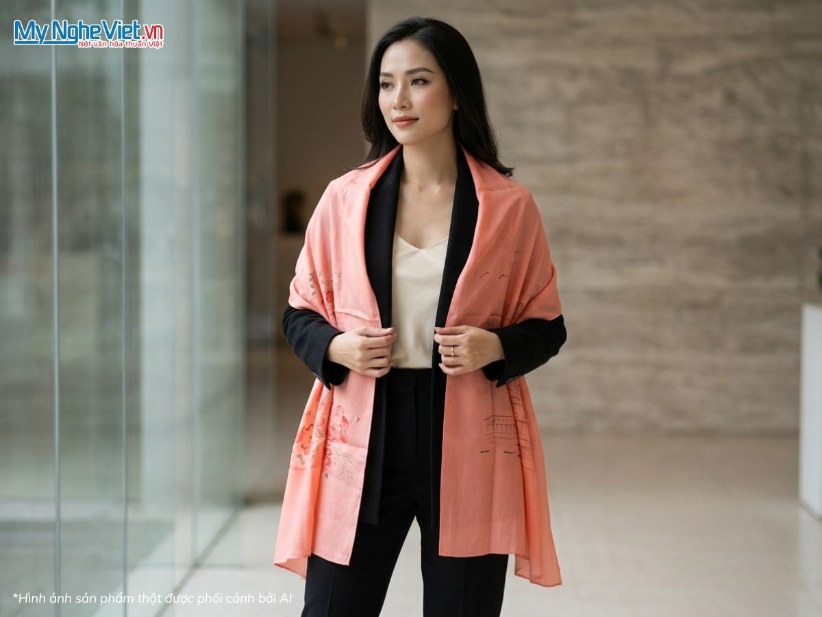 Khăn Lụa Tơ Tằm Vẽ Tay Chợ Bến Thành Màu Hồng Cam 85x175cm MNV-PT70180/10.4