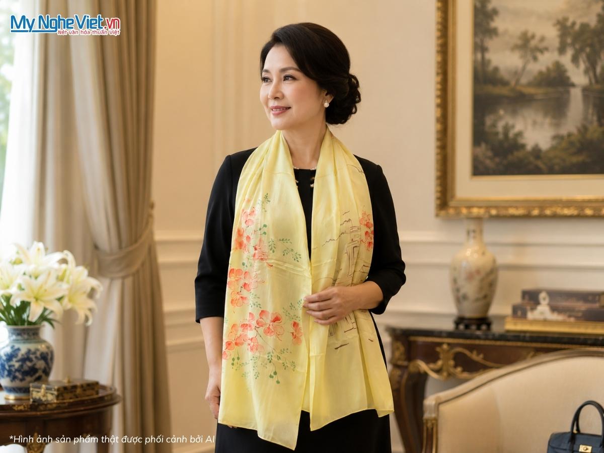 Khăn Lụa Tơ Tằm Vẽ Tay Chợ Bến Thành Màu Vàng 85x175cm MNV-PT70180/10.2