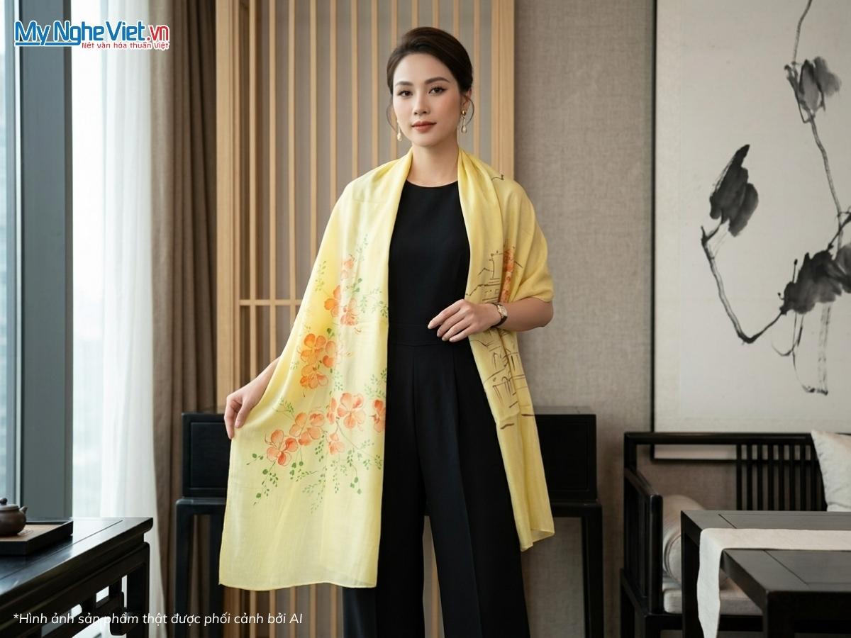 Khăn Lụa Tơ Tằm Vẽ Tay Chợ Bến Thành Màu Vàng 85x175cm MNV-PT70180/10.2