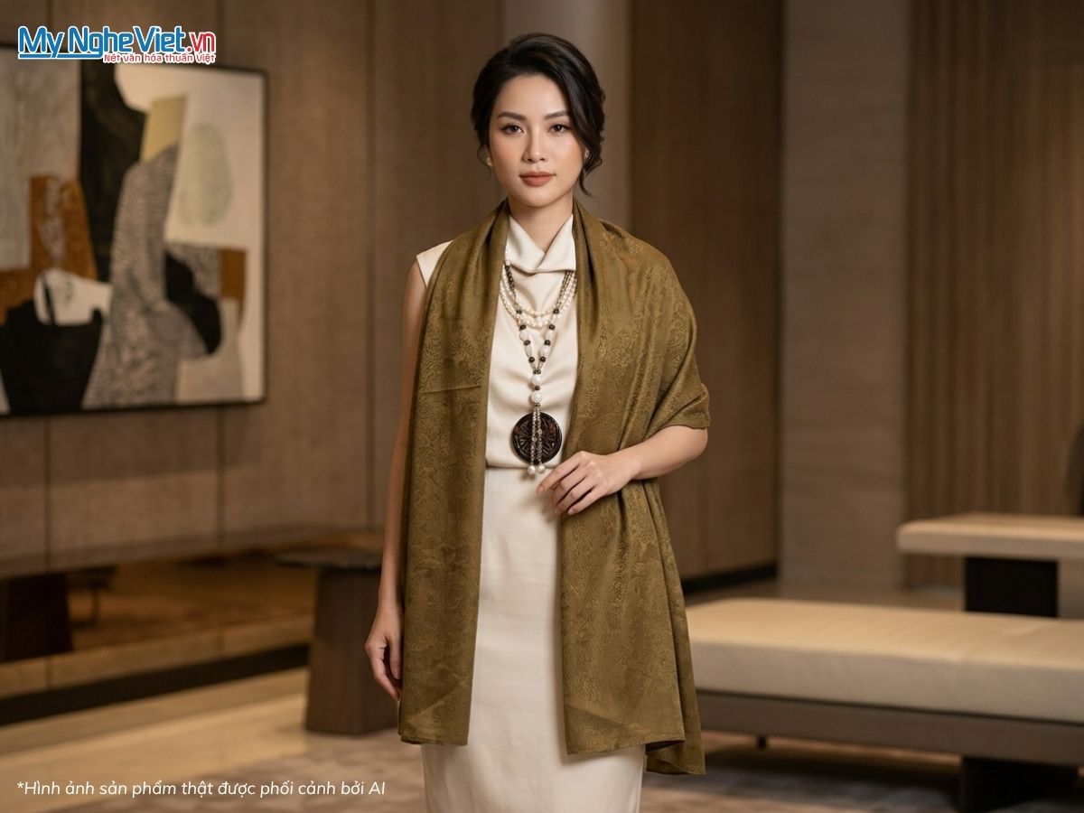Khăn Lụa Vân Cổ Màu Rêu 80x180cm KLNL89-5