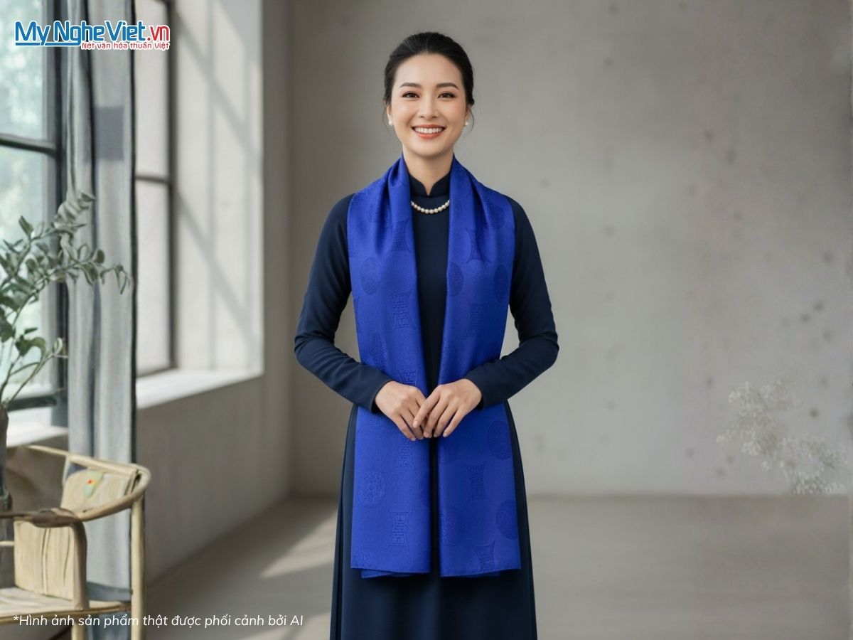 Khăn Lụa Vân Cổ Họa Tiết Triện Thọ Màu Xanh Coban 80x180cm KLNL89-3