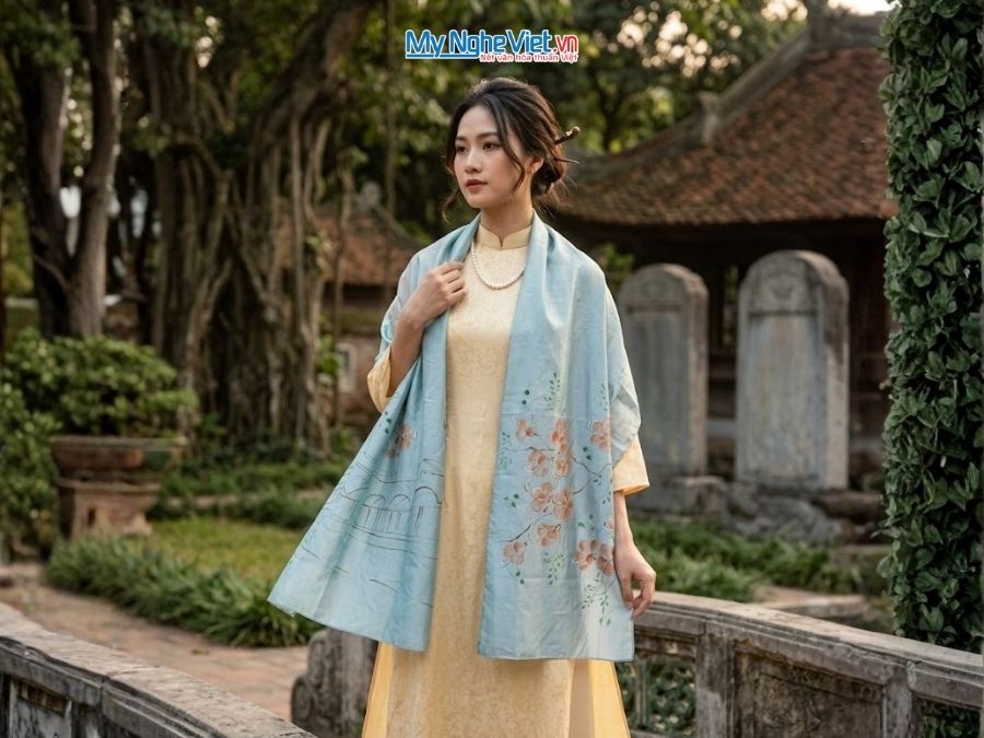 Khăn Lụa Tơ Tằm Vẽ Tay Chợ Bến Thành Màu Xanh 70x180cm PT70180T3-5
