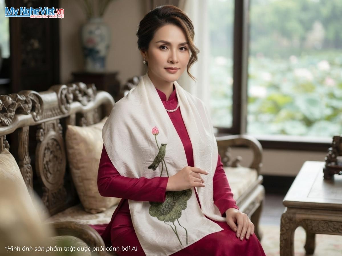 Khăn Lụa Đũi Tơ Tằm Thêu Tay Hoa Sen 40x200cm KLNC40200/10