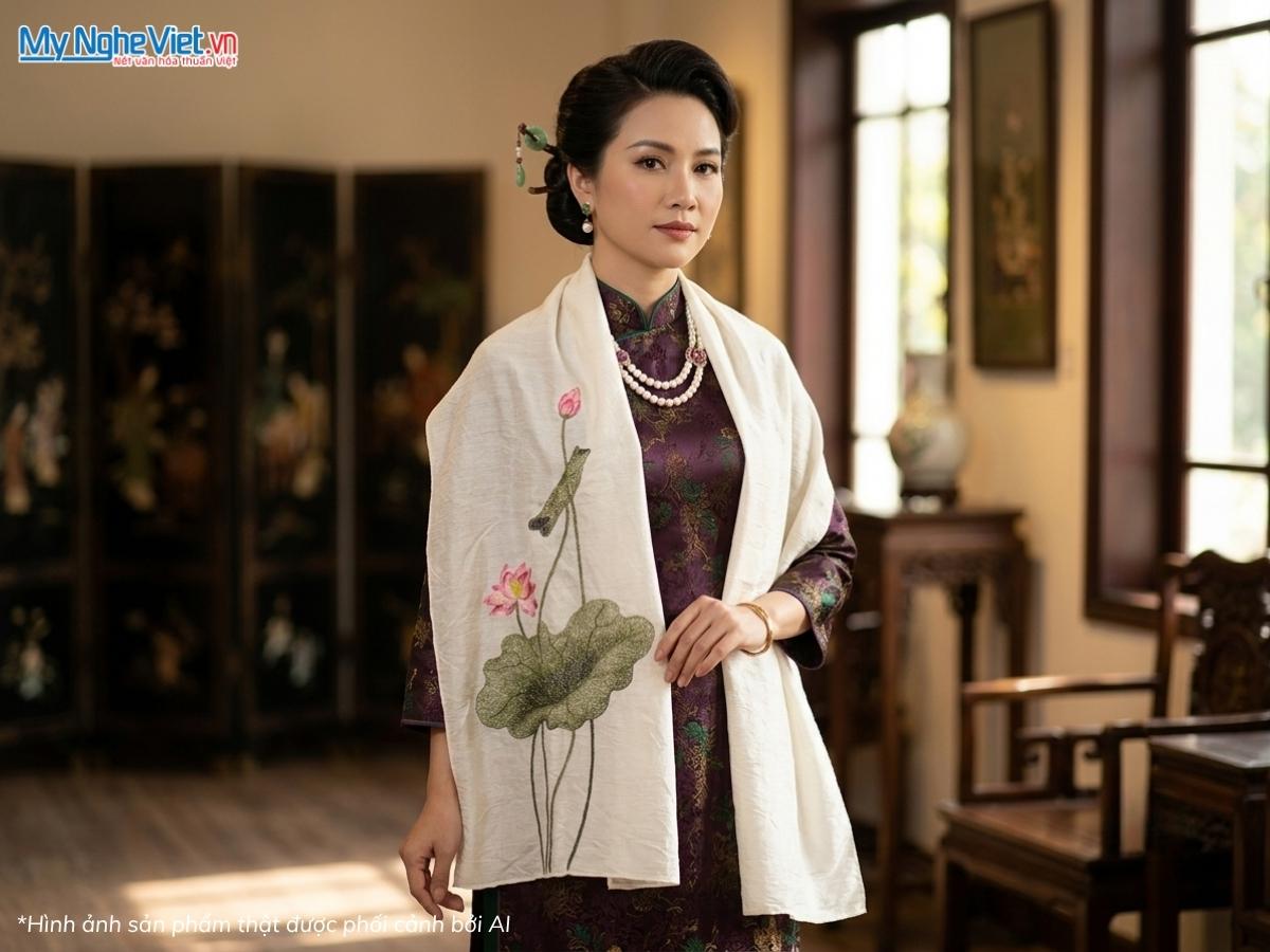 Khăn Lụa Đũi Tơ Tằm Thêu Tay Hoa Sen 40x200cm KLNC40200/10