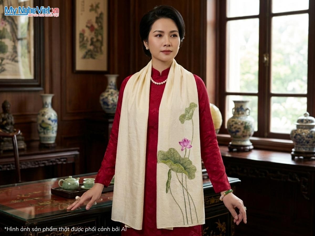 Khăn Lụa Đũi Tơ Tằm Thêu Tay Hoa Sen 40x200cm KLNC40200/9