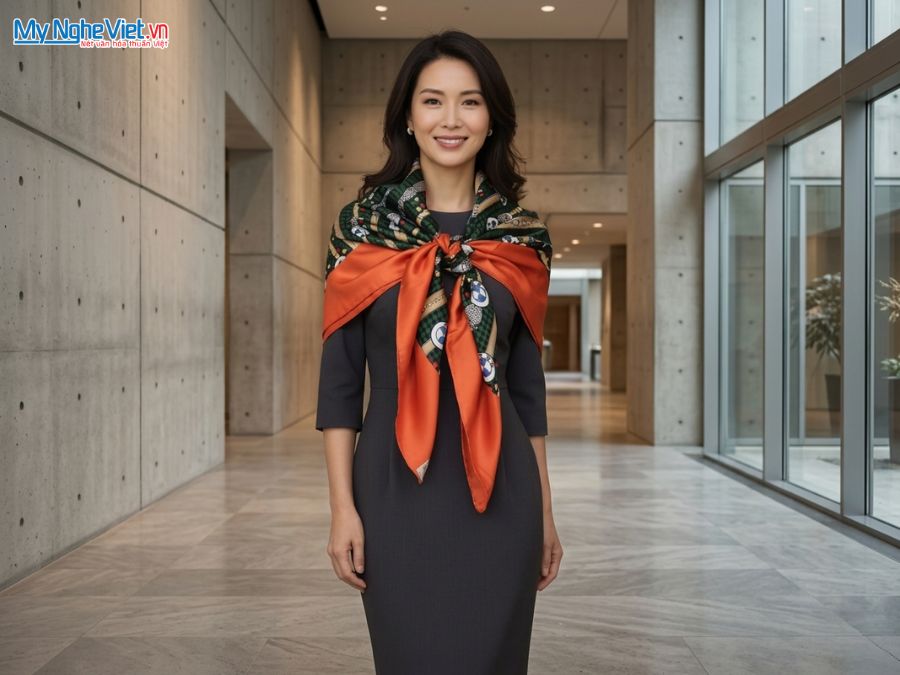 Khăn Lụa Tơ Tằm In Họa Tiết 100% Silk Màu Cam 110x110cm MNV-KLBL01-2
