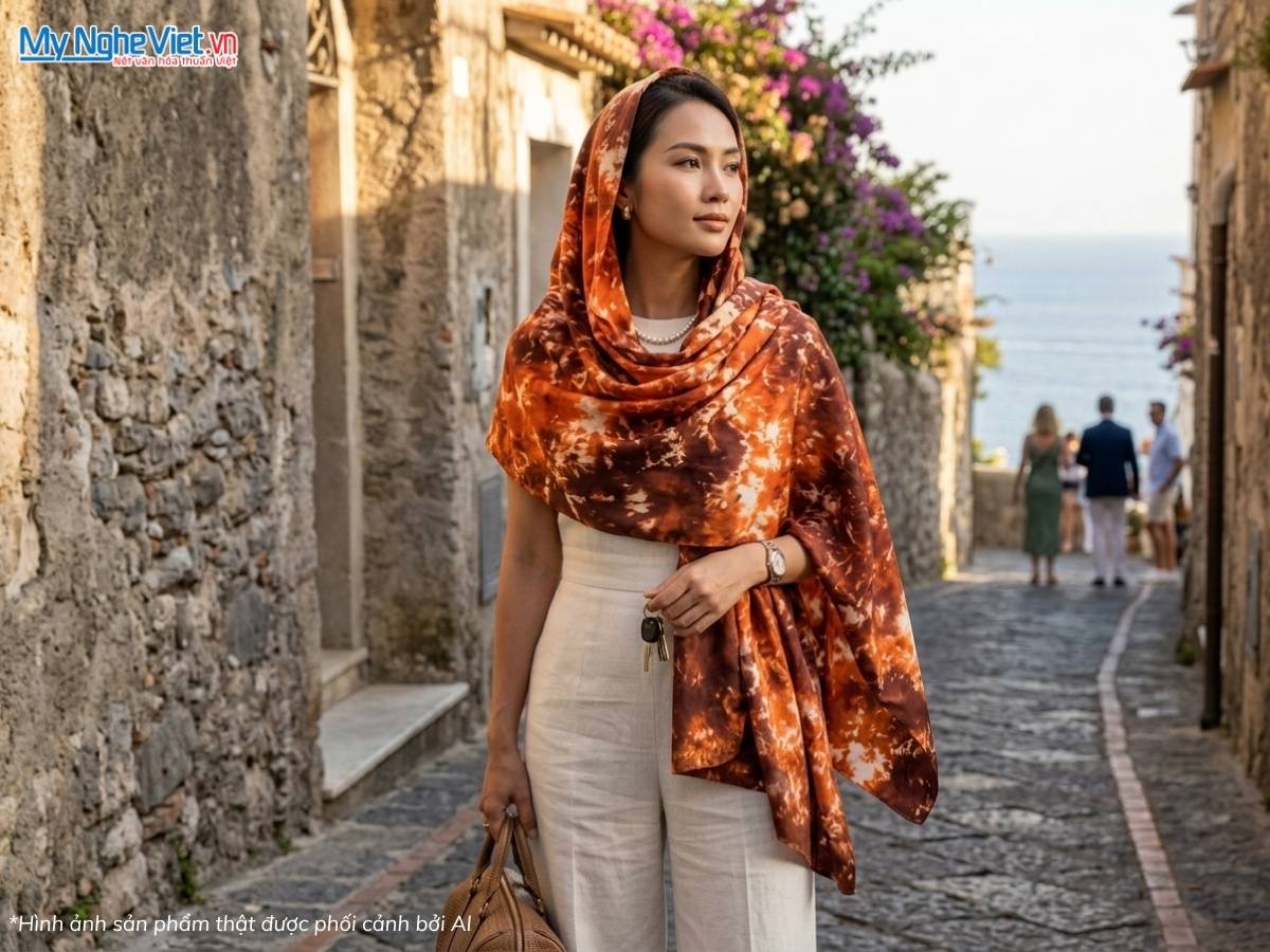 Khăn Lụa Tơ Tằm Loang Màu Nâu 90x190cm KLTA919