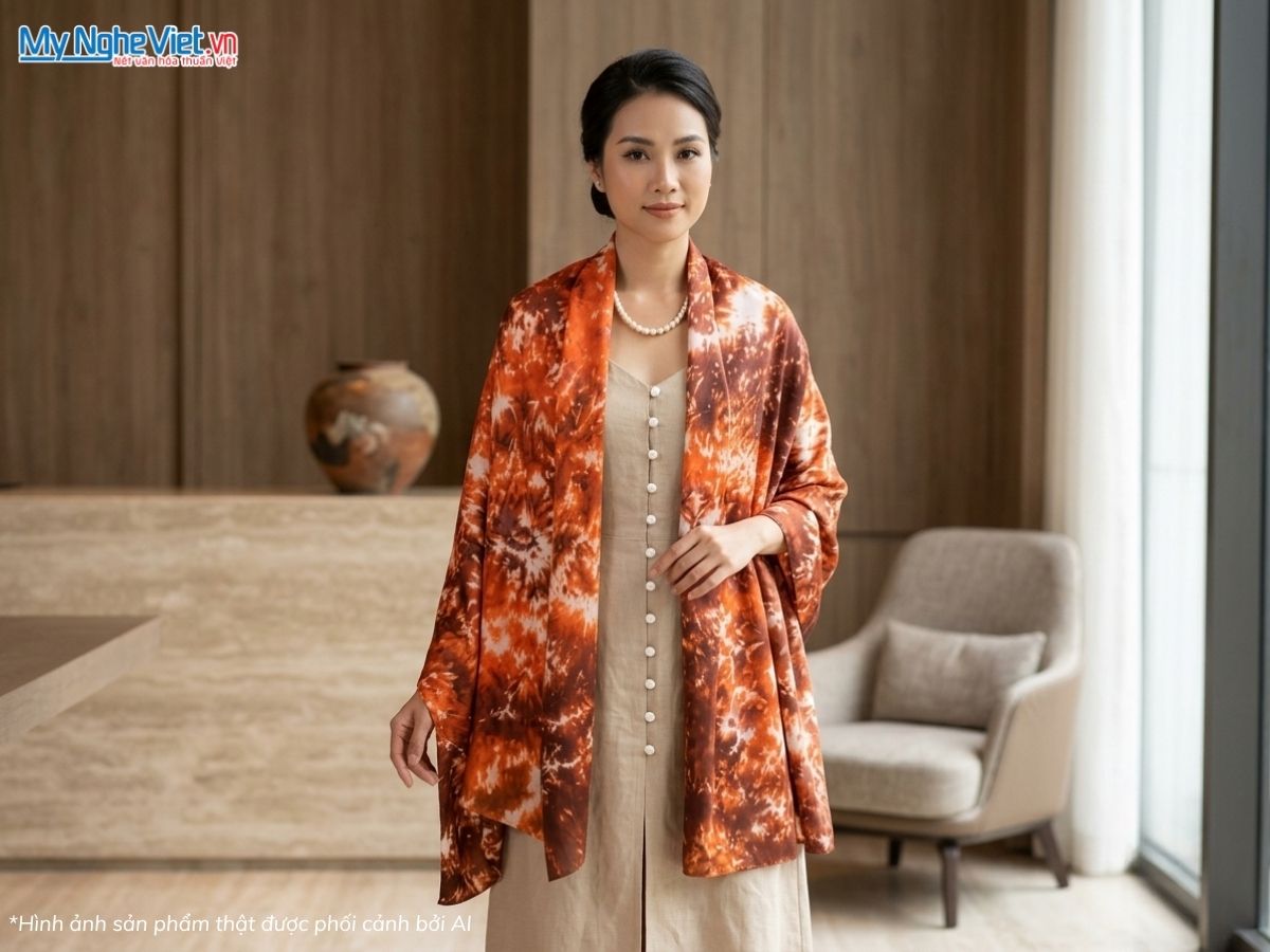 Khăn Lụa Tơ Tằm Loang Màu Nâu 90x190cm KLTA919
