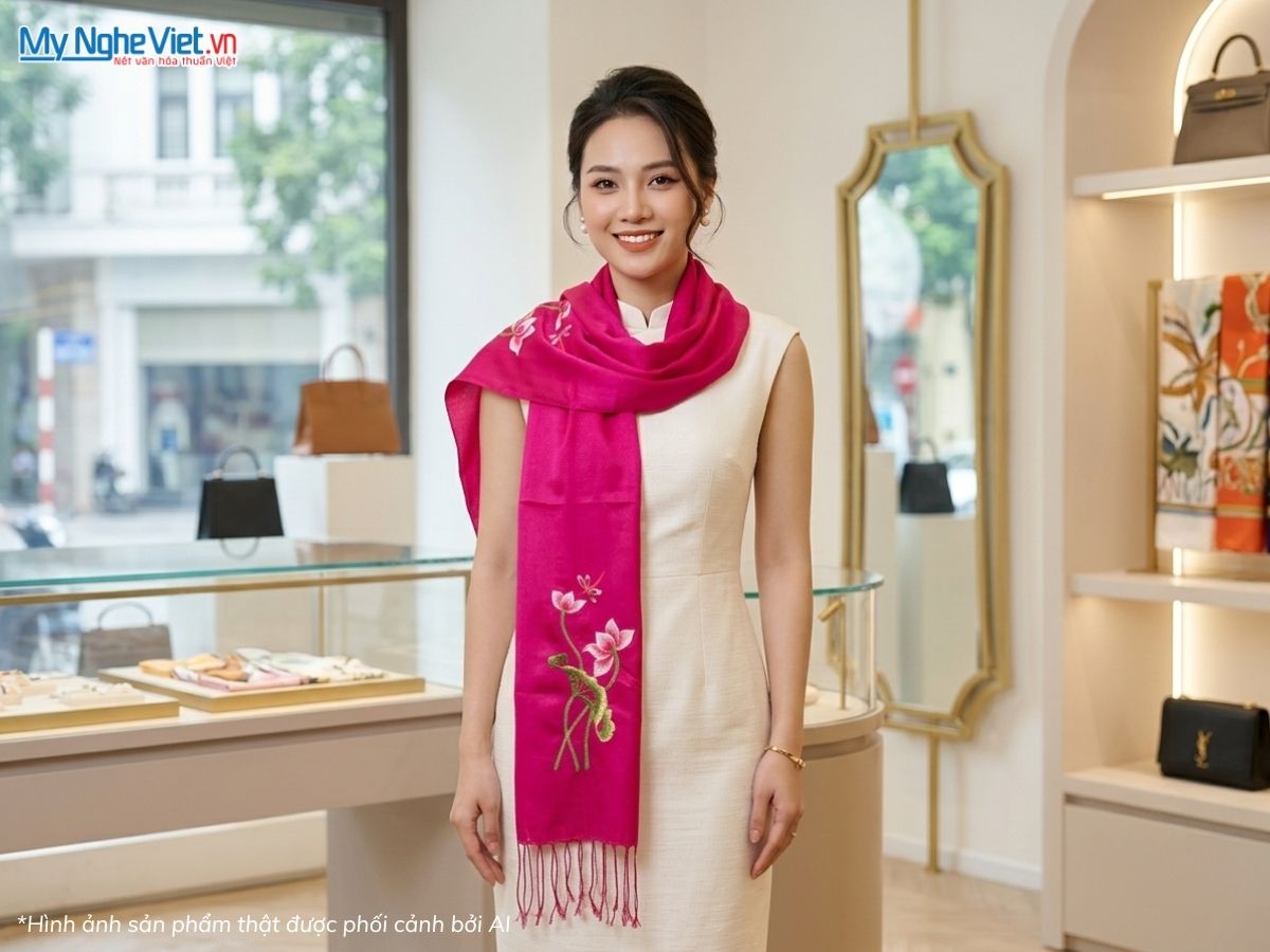 Khăn Lụa Tơ Tằm Thêu Hoa Sen 40x180cm MNV-KLTA4080/16