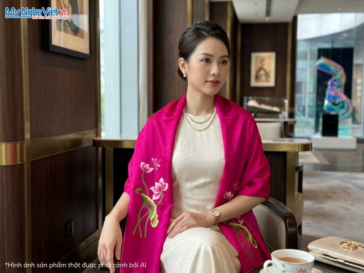 Khăn Lụa Tơ Tằm Thêu Hoa Sen 40x180cm MNV-KLTA4080/16