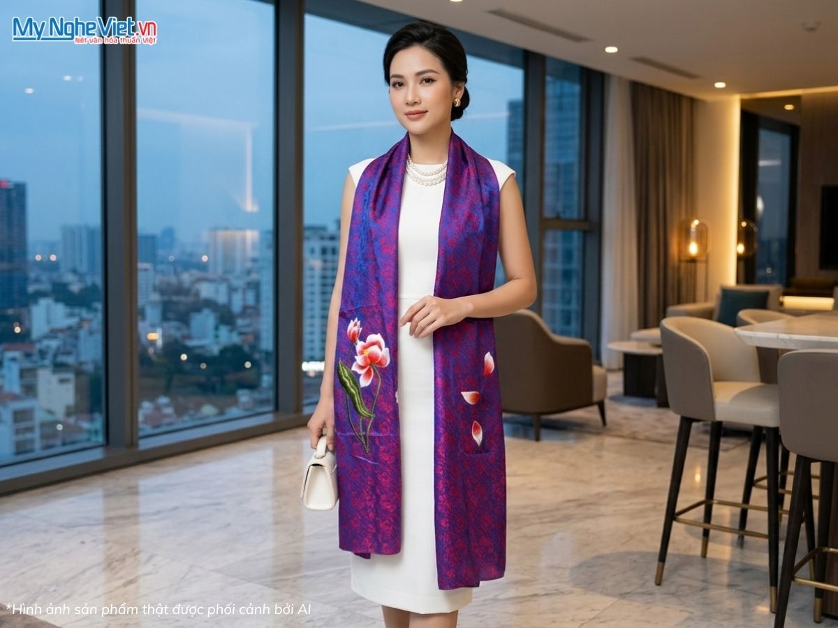 Khăn Lụa Tơ Tằm Thêu Hoa Màu Xanh Tím 57x180cm MNV-KLTA45190-9.1