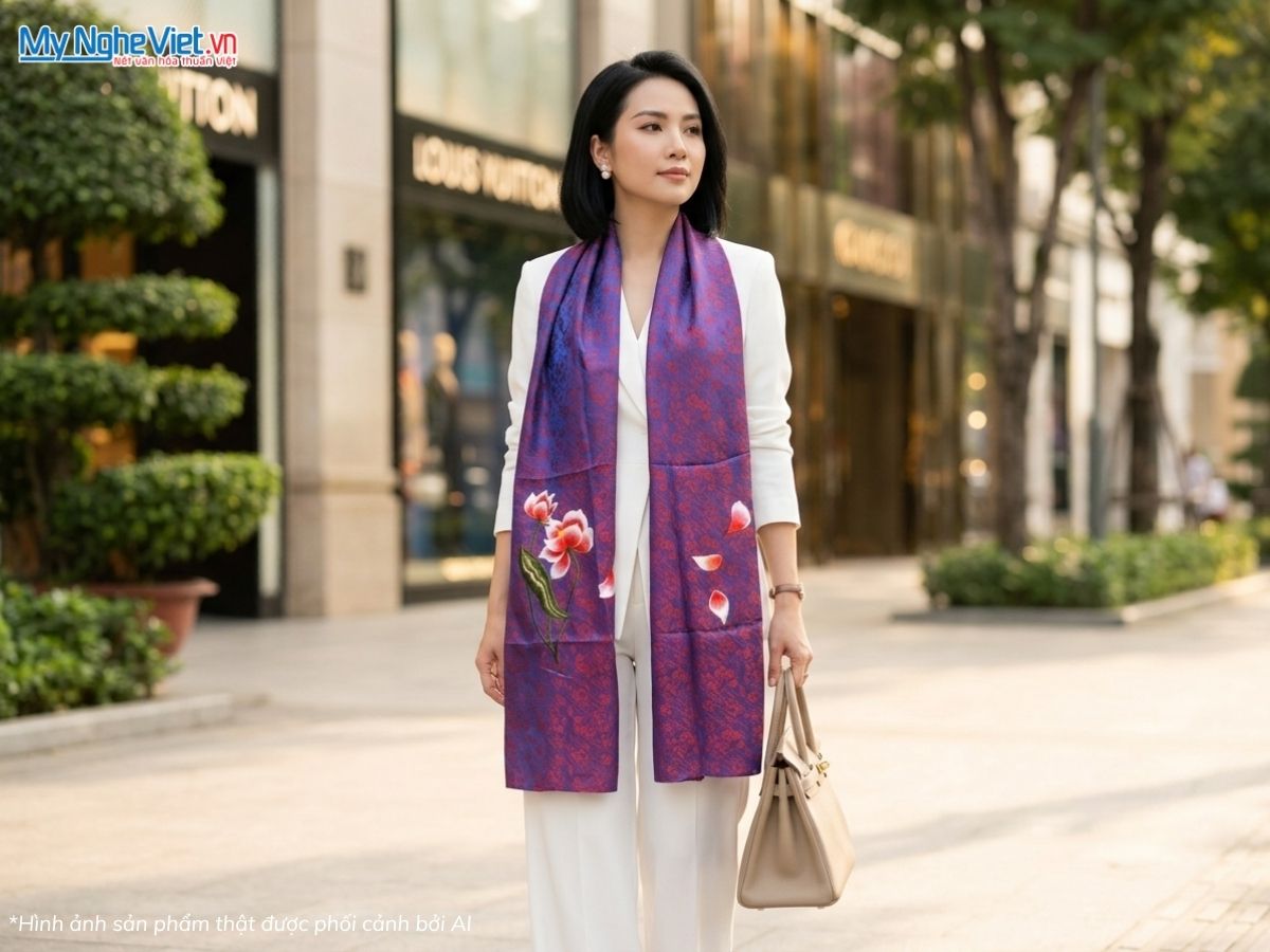 Khăn Lụa Tơ Tằm Thêu Hoa Màu Xanh Tím 57x180cm MNV-KLTA45190-9.1