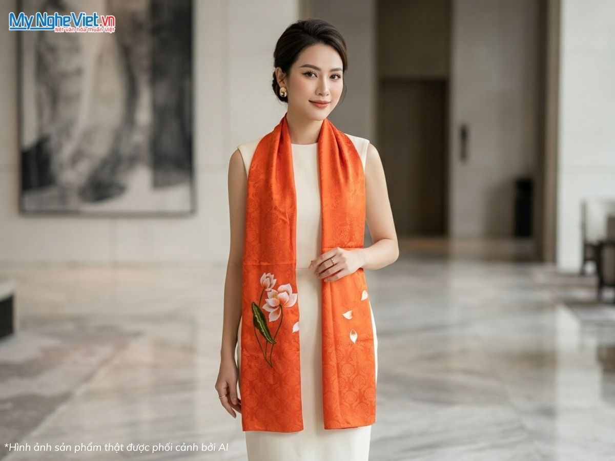 Khăn Lụa Tơ Tằm Thêu Hoa Màu Cam 57x180cm KLTA45190-11