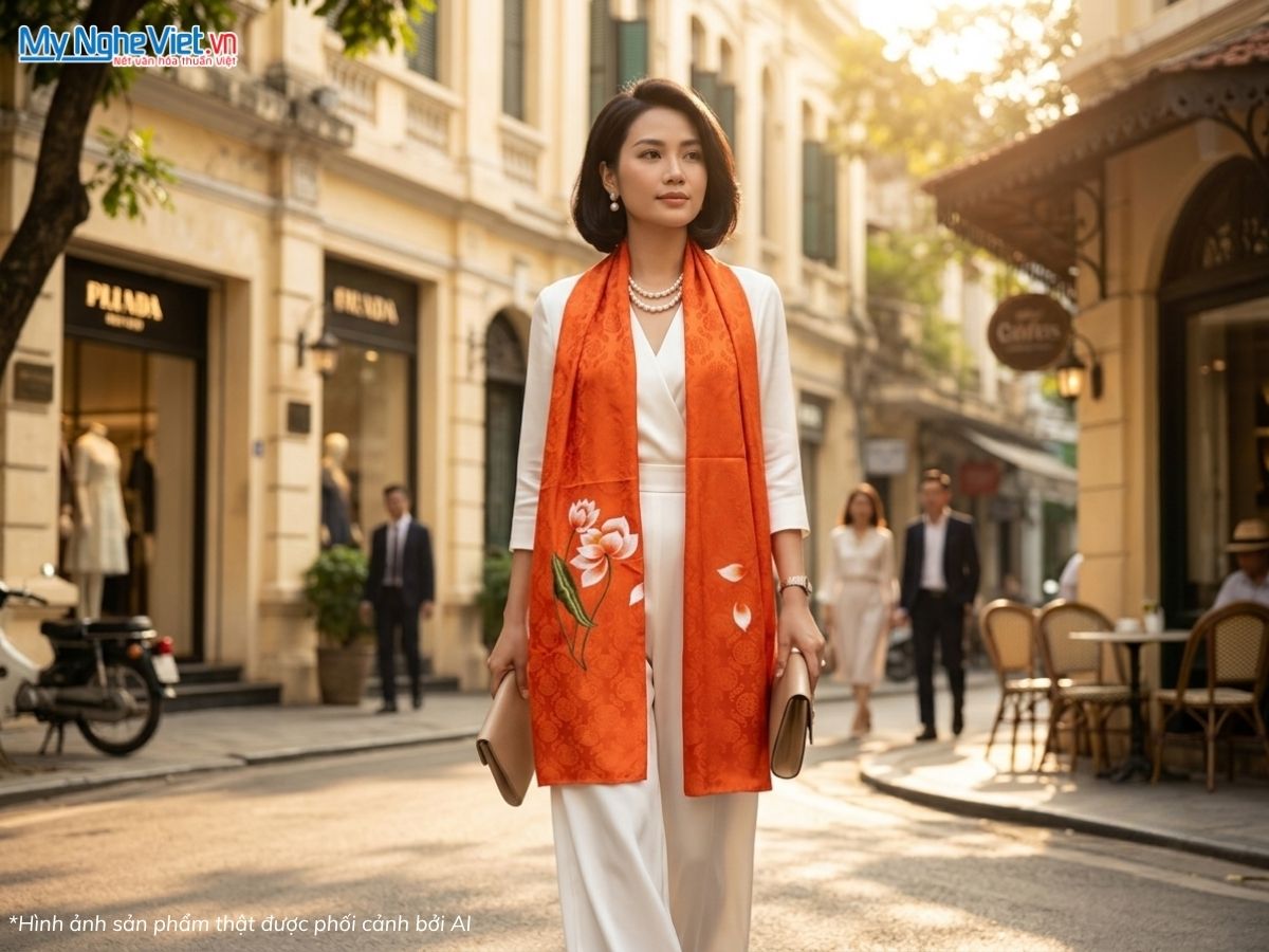 Khăn Lụa Tơ Tằm Thêu Hoa Màu Cam 57x180cm KLTA45190-11