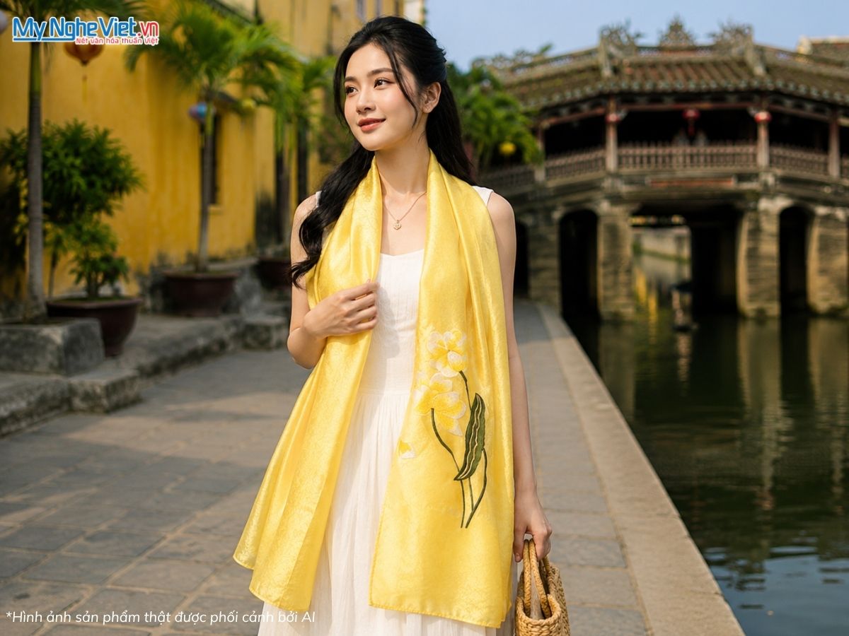 Khăn Lụa Tơ Tằm Thêu Hoa Màu Vàng 57x180cm MNV-KLTA45190-11