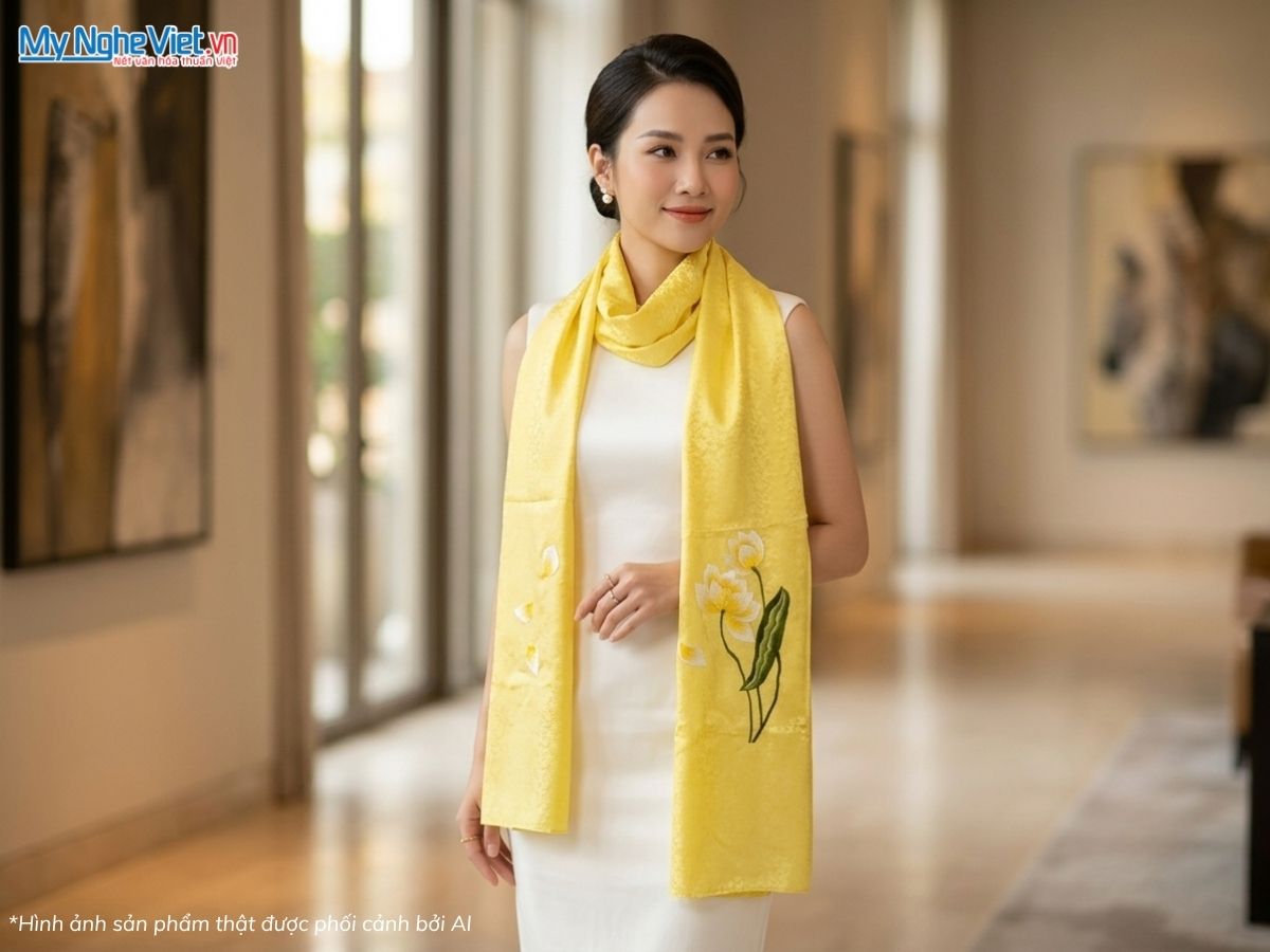 Khăn Lụa Tơ Tằm Thêu Hoa Màu Vàng 57x180cm MNV-KLTA45190-11