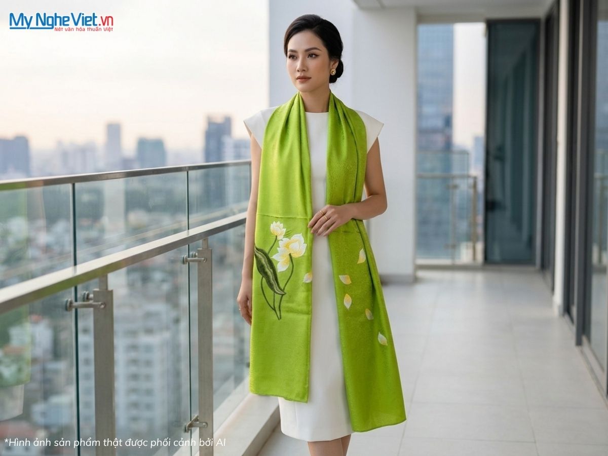 Khăn Lụa Tơ Tằm Thêu Hoa Màu Xanh Lá 57x180cm MNV-KLTA45190-14